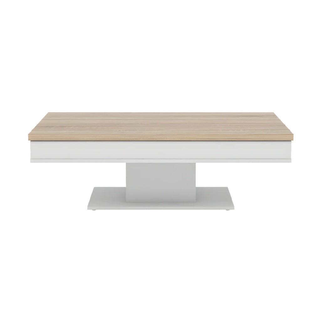 Table basse moderne en bois clair et blanc.