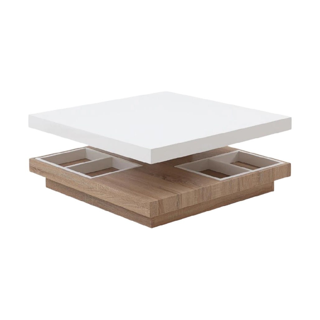 Table basse moderne en bois avec plateau blanc, finition élégante et design innovant.