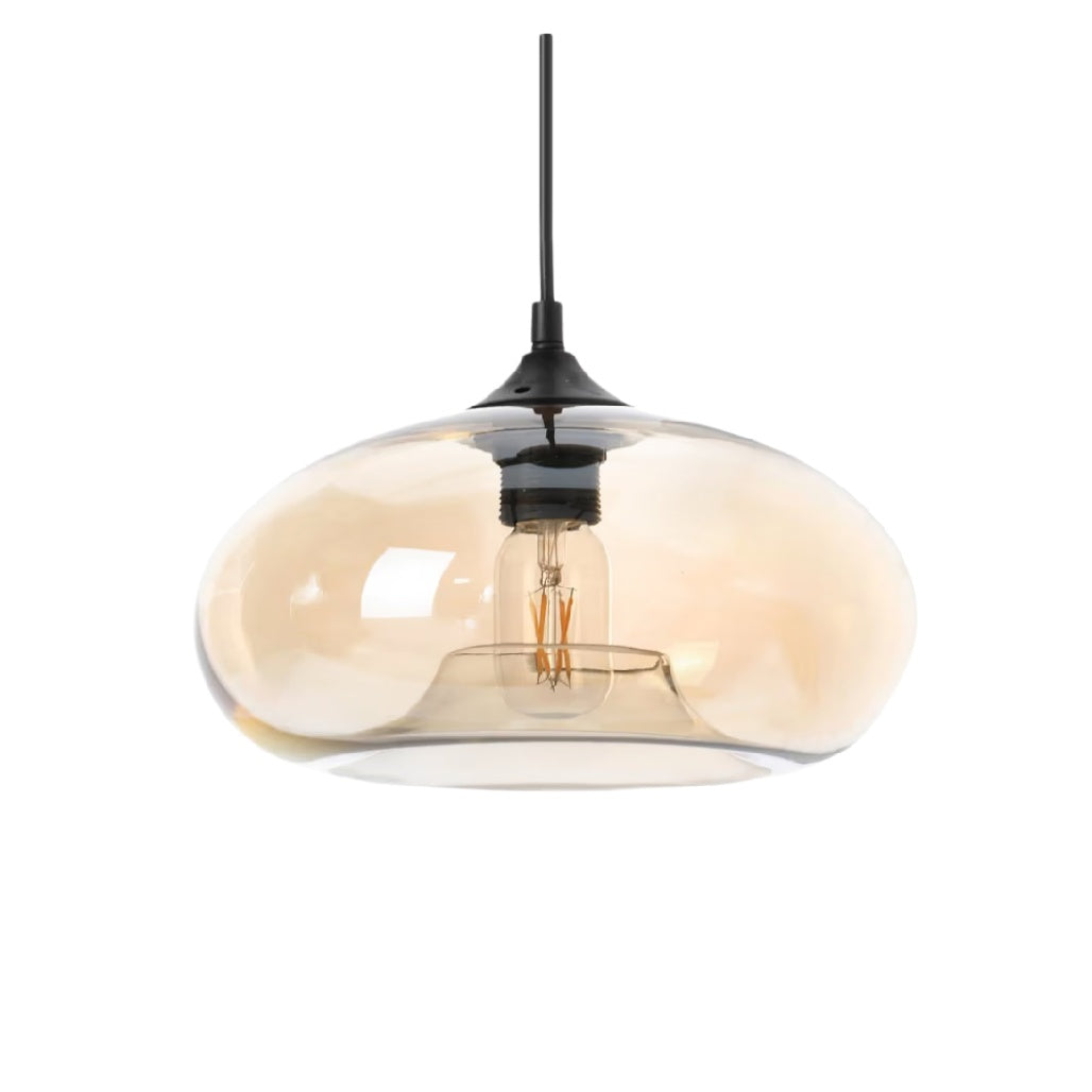 Suspension en verre transparent avec finition noire et ampoule vintage, couleur ambre.