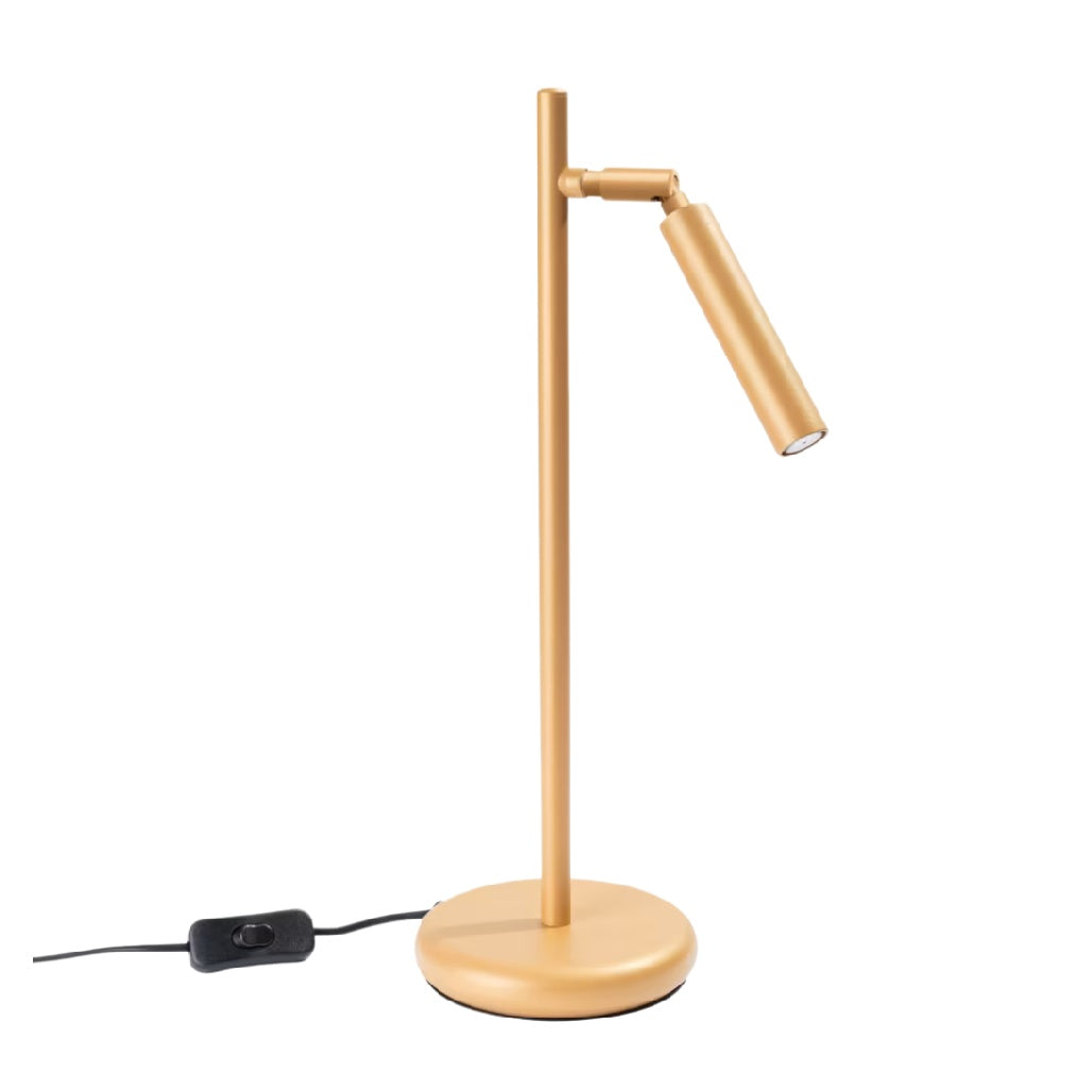 Lampe de bureau moderne en métal jaune avec tête ajustable et interrupteur.