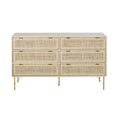 Commode moderne en bois naturel et cannage, 6 tiroirs avec poignées dorées.