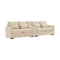 Canapé moderne en cuir beige avec accoudoirs ajustables et coussins confortables.