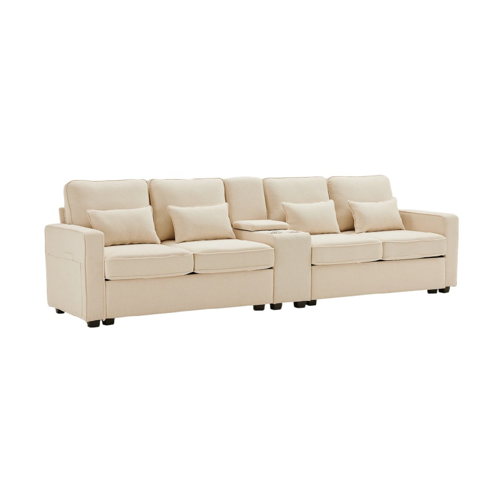 Canapé moderne en cuir beige avec accoudoirs ajustables et coussins confortables.