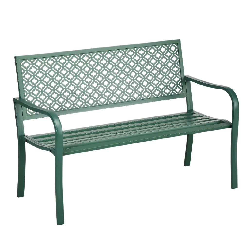 Banc en métal vert avec motif décoratif pour jardin ou terrasse